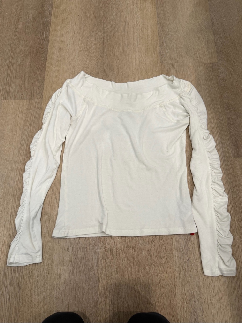 Off-Shoulder Ruched Sleeve Long-Sleeve Top - White